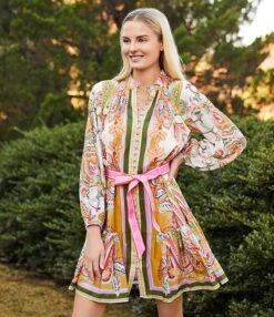 Antonio Melani Brynn Pink Scarf Border Print Mock Neck Long Sleeve Self-Tie Belted Tiered Hem Button Front Dress