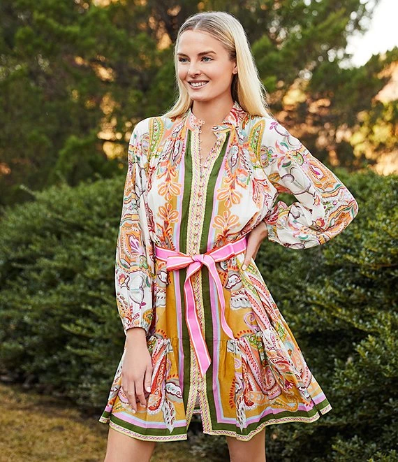 Antonio Melani Brynn Pink Scarf Border Print Mock Neck Long Sleeve Self-Tie Belted Tiered Hem Button Front Dress 1 Antonio Melani Brynn Pink Scarf Border Print Mock Neck Long Sleeve Self-Tie Belted Tiered Hem Button Front Dress